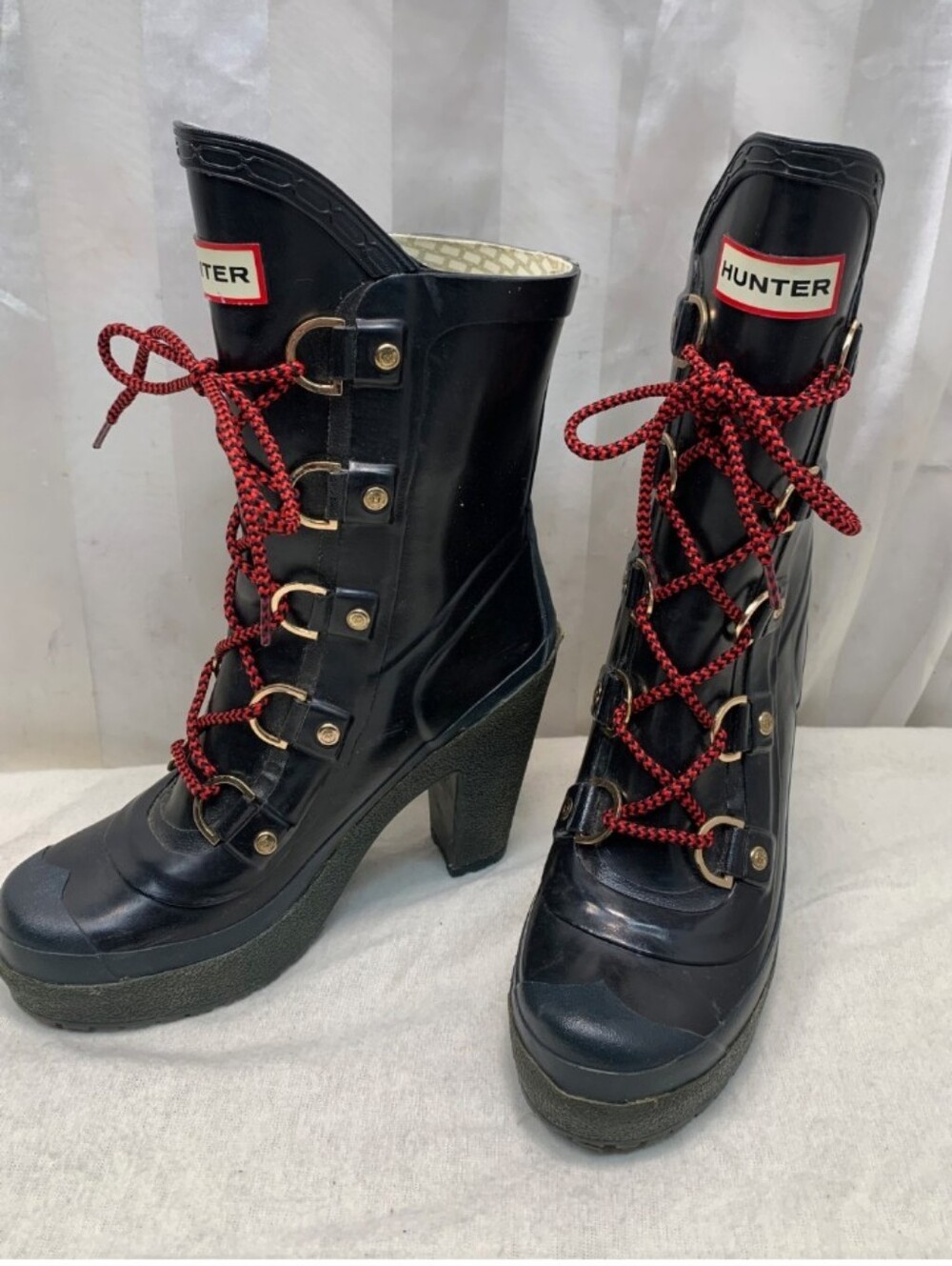 Hunter Black Heeled Lace-Up Rain Boots with Red Laces